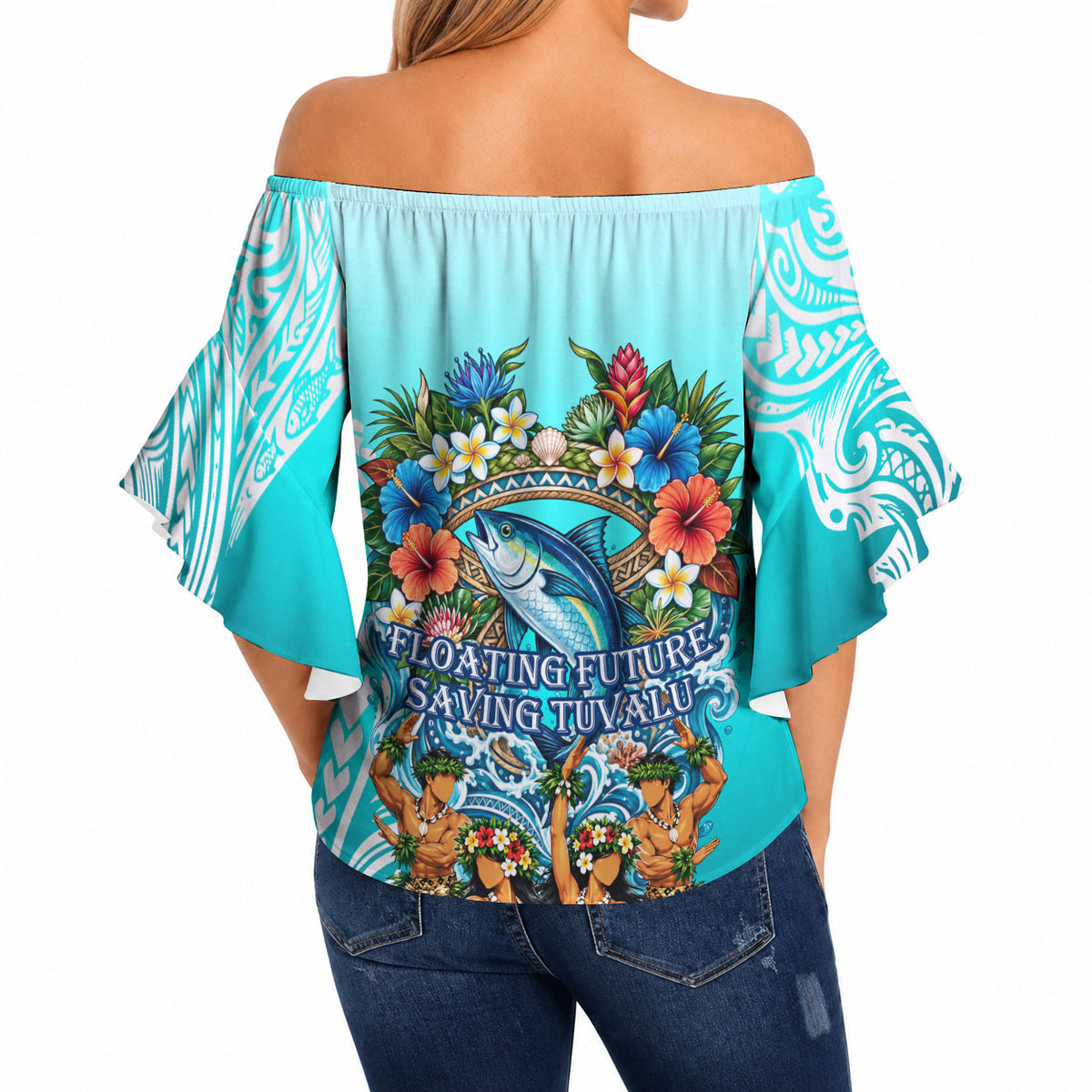 Floating Future Saving Tuvalu Off Shoulder Wrap Waist Top Ocean Blue Pacific Polynesian Cultural Art Marine Wildlife TS04 - Polynesian Pride