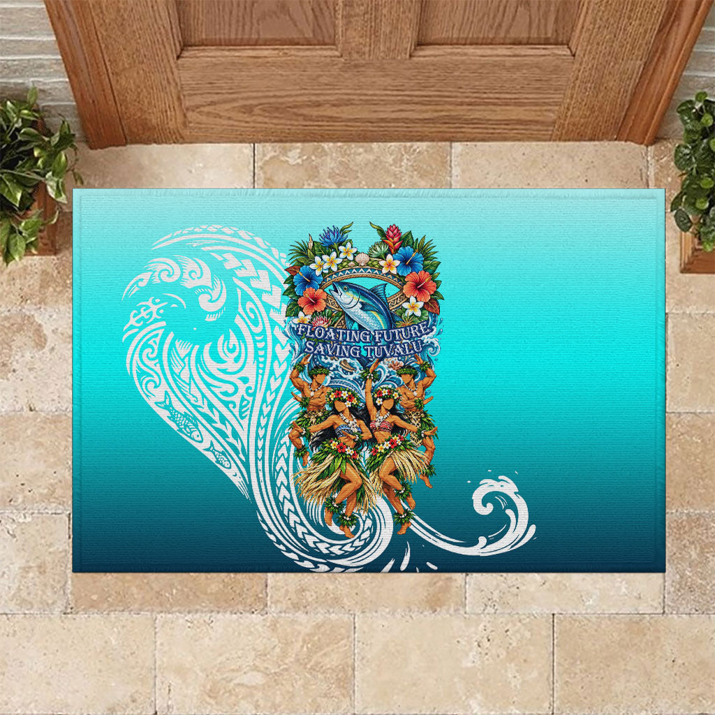 Floating Future Saving Tuvalu Rubber Doormat Ocean Blue Pacific Polynesian Cultural Art Marine Wildlife TS04 Blue White - Polynesian Pride