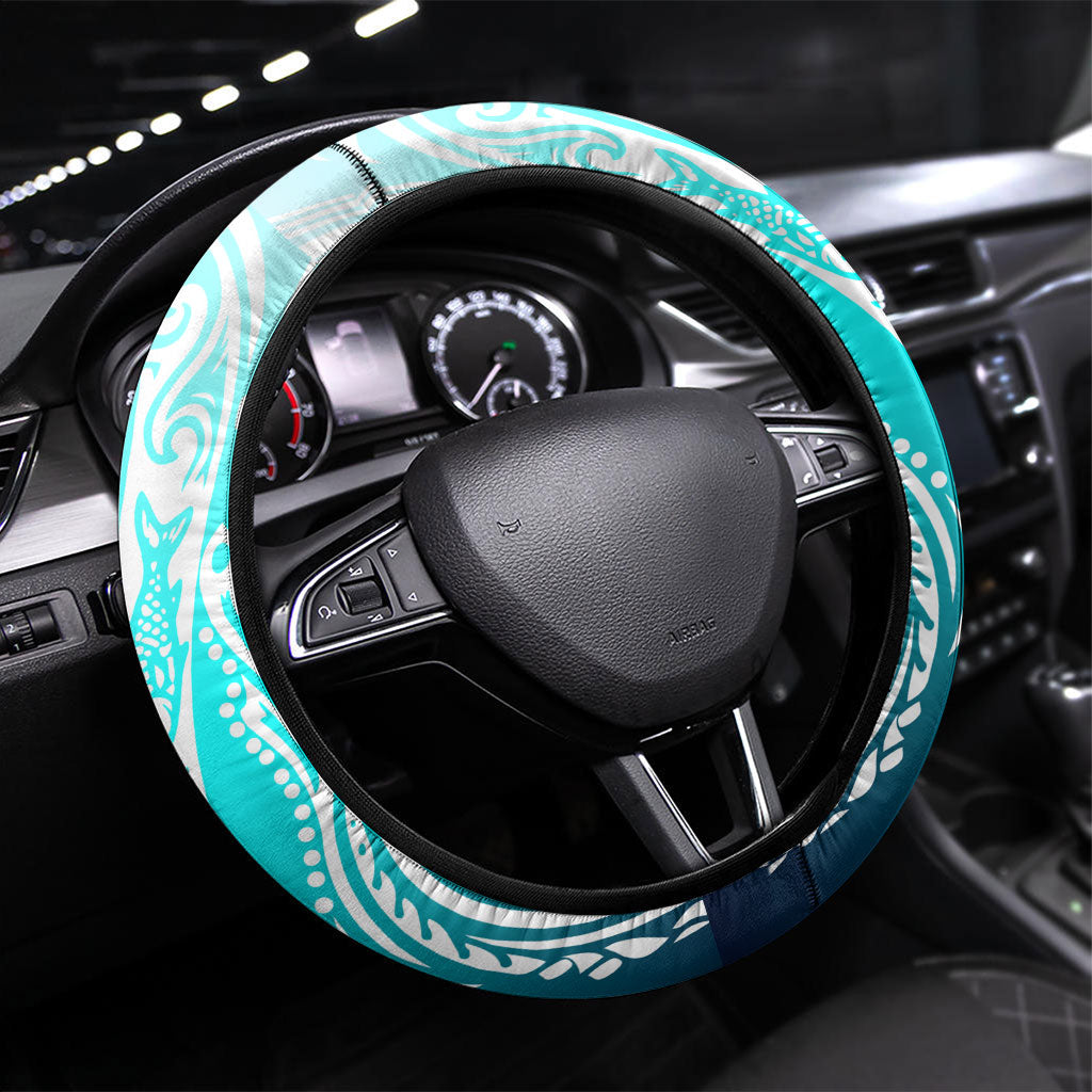 Floating Future Saving Tuvalu Steering Wheel Cover Ocean Blue Pacific Polynesian Cultural Art Marine Wildlife TS04 Universal Fit Blue White - Polynesian Pride