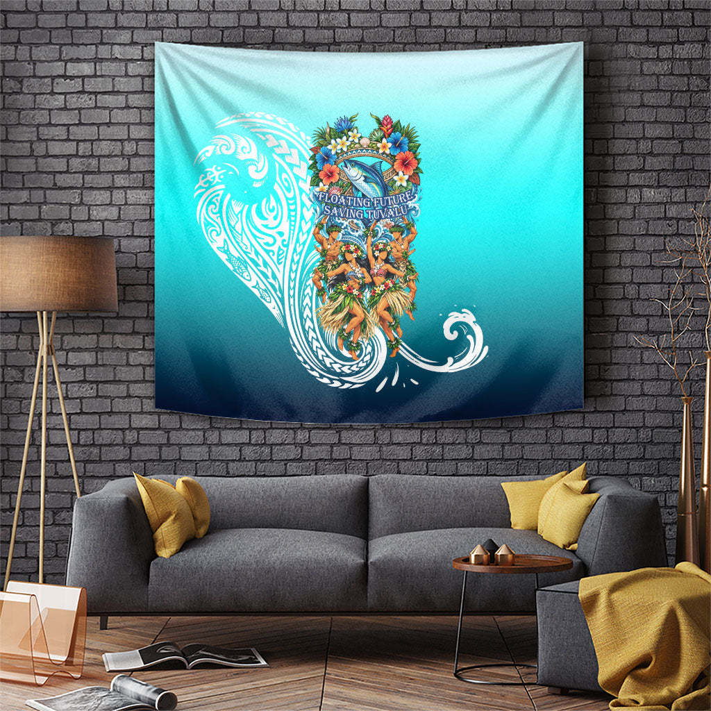 Floating Future Saving Tuvalu Tapestry Ocean Blue Pacific Polynesian Cultural Art Marine Wildlife TS04 Blue White - Polynesian Pride