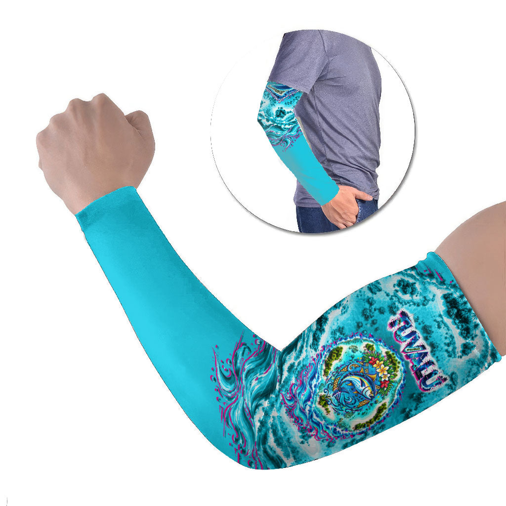 Tuvalu First Digital Nation In The Metaverse Arm Sleeves Polynesian Island Atoll Cyber Ocean TS04 Set of 2 Blue White - Polynesian Pride