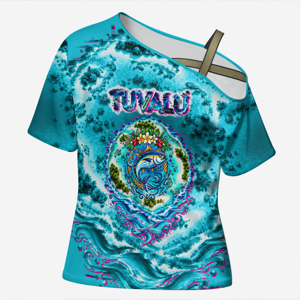 Tuvalu First Digital Nation In The Metaverse Cross Shoulder Shirt Polynesian Island Atoll Cyber Ocean TS04 Female Blue White - Polynesian Pride