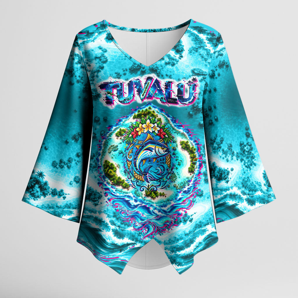 Tuvalu First Digital Nation In The Metaverse Kimono Sleeve Blouse Polynesian Island Atoll Cyber Ocean TS04 Female Blue White - Polynesian Pride