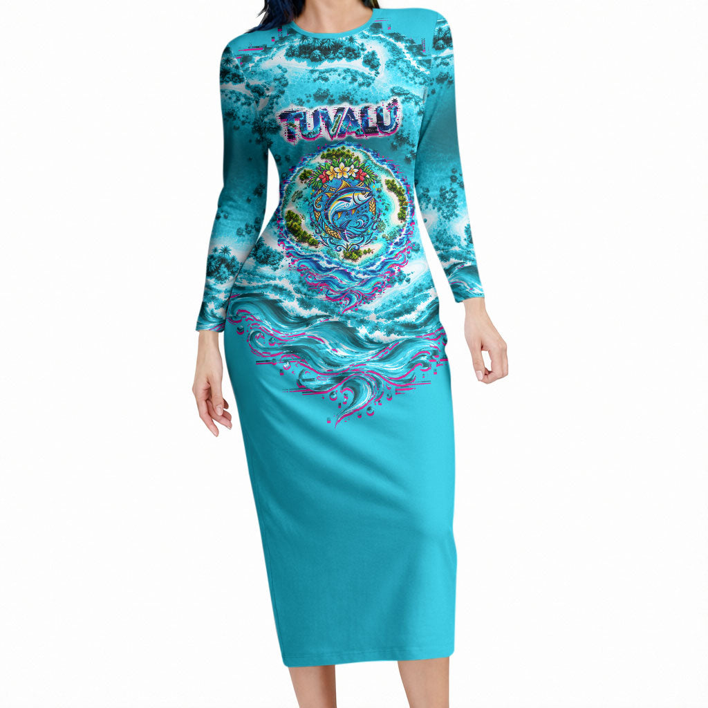 Tuvalu First Digital Nation In The Metaverse Long Sleeve Bodycon Dress Polynesian Island Atoll Cyber Ocean TS04 Long Dress Blue White - Polynesian Pride