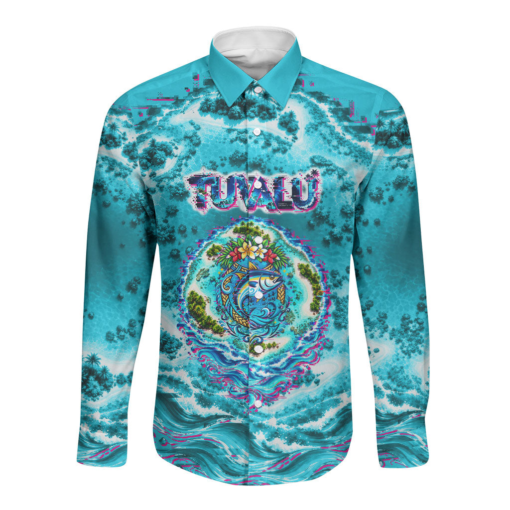 Tuvalu First Digital Nation In The Metaverse Long Sleeve Button Shirt Polynesian Island Atoll Cyber Ocean TS04 Unisex Blue White - Polynesian Pride
