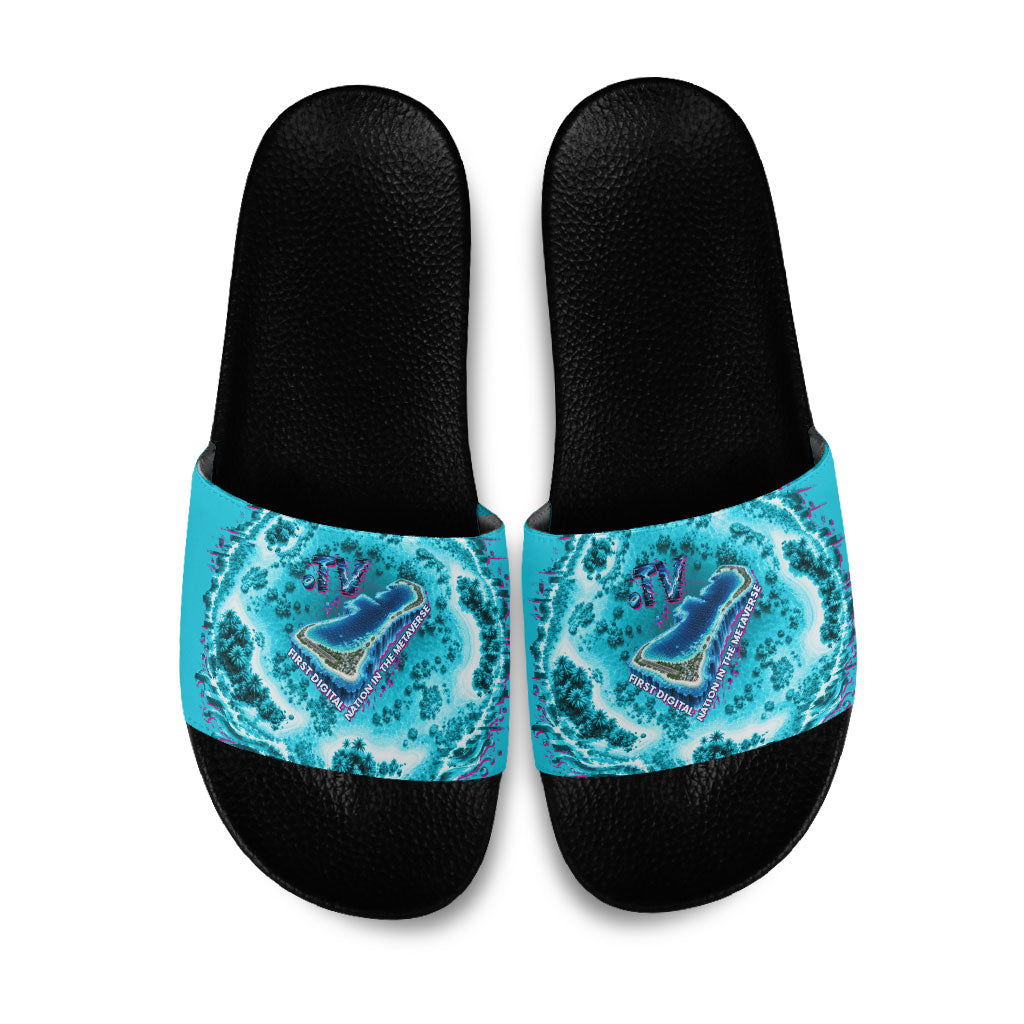 Tuvalu First Digital Nation In The Metaverse Slide Sandals Polynesian Island Atoll Cyber Ocean TS04 Blue White - Polynesian Pride