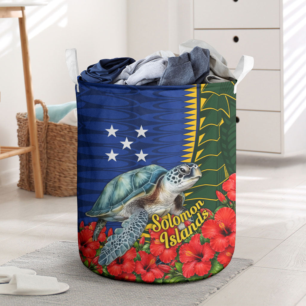 Solomon Islands Sea Turtle Laundry Basket Patriotic Flag Coat Of Arms Tribal Hibiscus TS04 Blue Green - Polynesian Pride