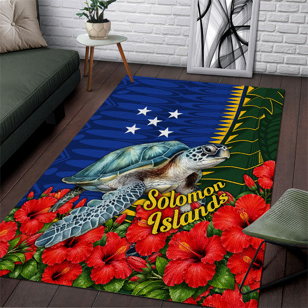 Solomon Islands Sea Turtle Area Rug Patriotic Flag Coat Of Arms Tribal Hibiscus TS04 Blue Green - Polynesian Pride