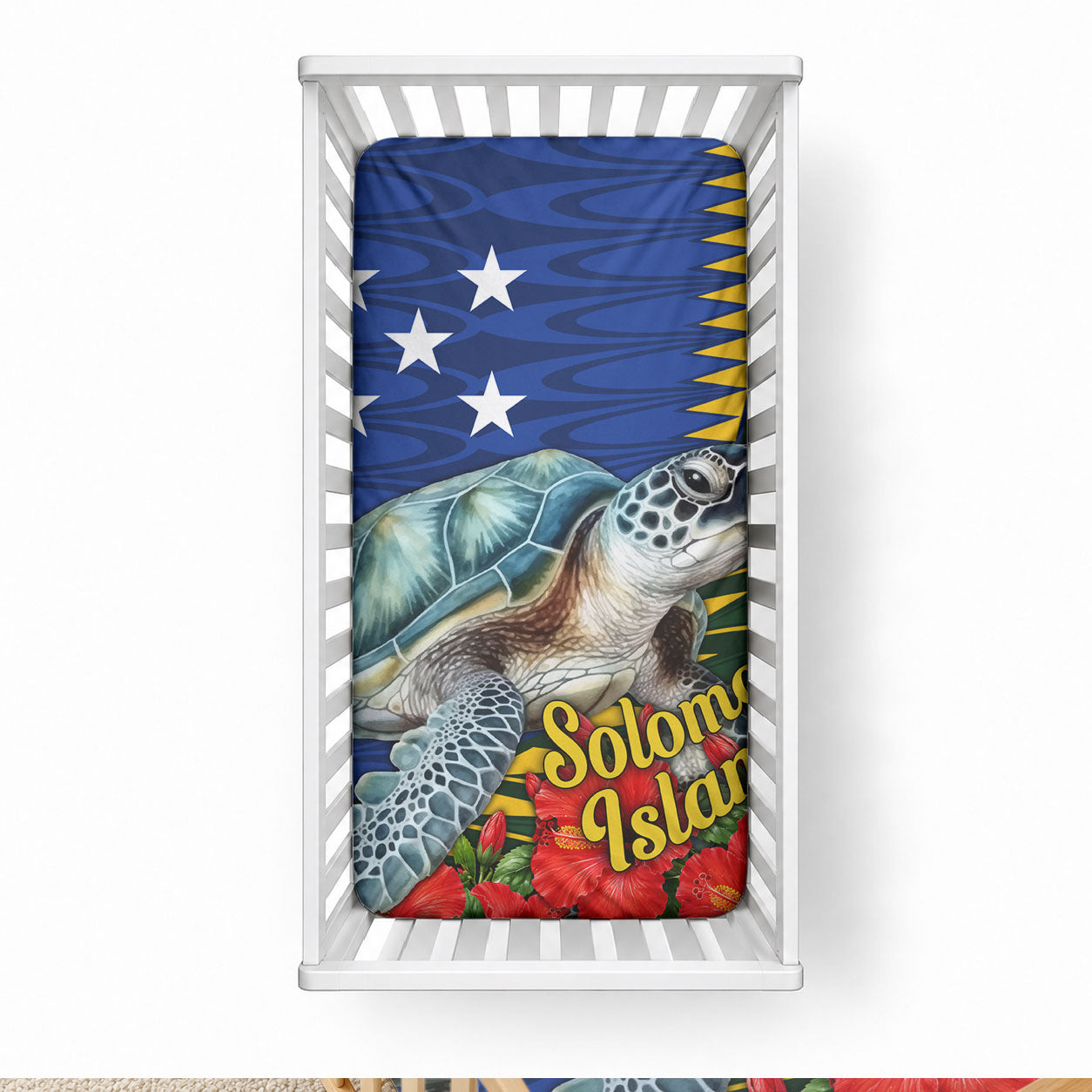 Solomon Islands Sea Turtle Baby Bed Cover Patriotic Flag Coat Of Arms Tribal Hibiscus TS04 28 × 52 in Blue Green - Polynesian Pride