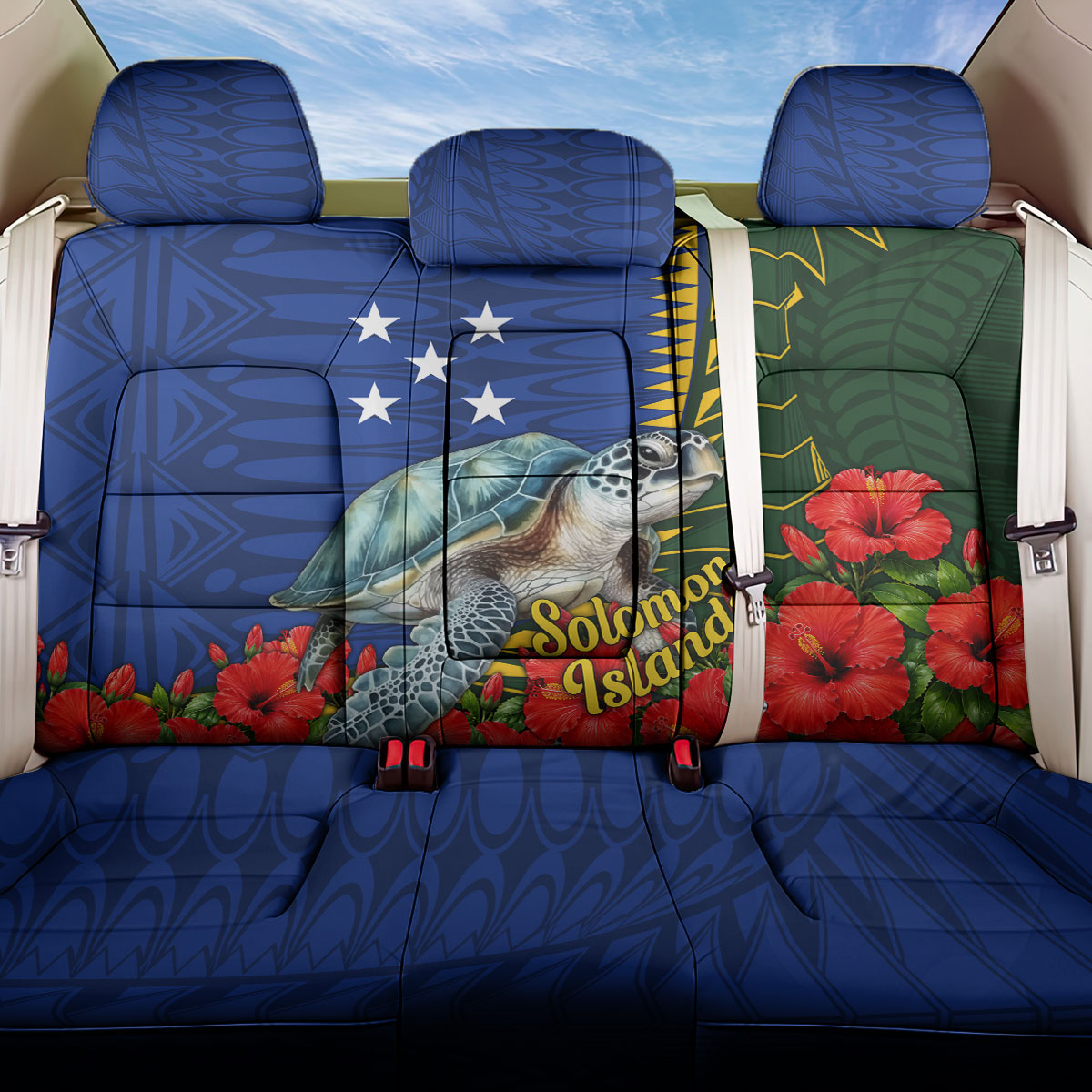 Solomon Islands Sea Turtle Back Car Seat Cover Patriotic Flag Coat Of Arms Tribal Hibiscus TS04 One Size Blue Green - Polynesian Pride