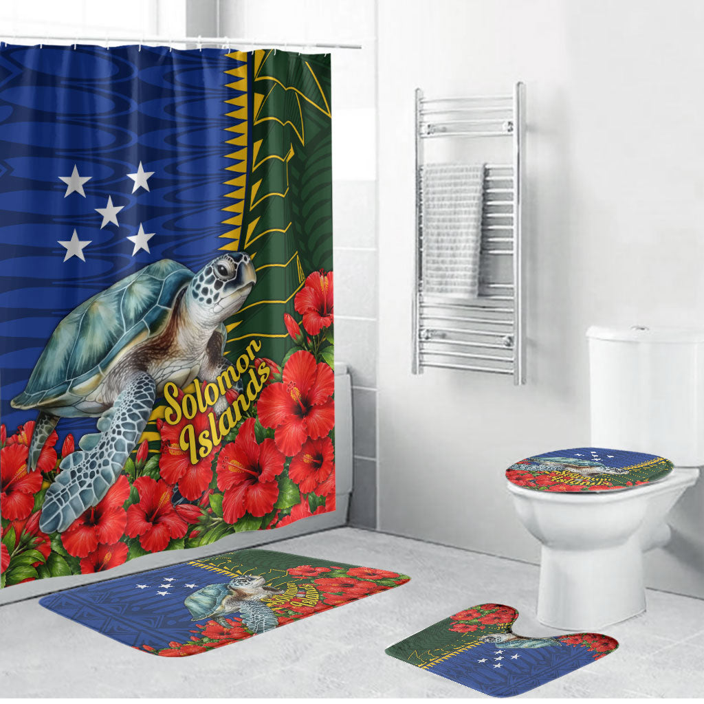 Solomon Islands Sea Turtle Bathroom Set Patriotic Flag Coat Of Arms Tribal Hibiscus TS04 Bathroom Set (4 pcs) Blue Green - Polynesian Pride