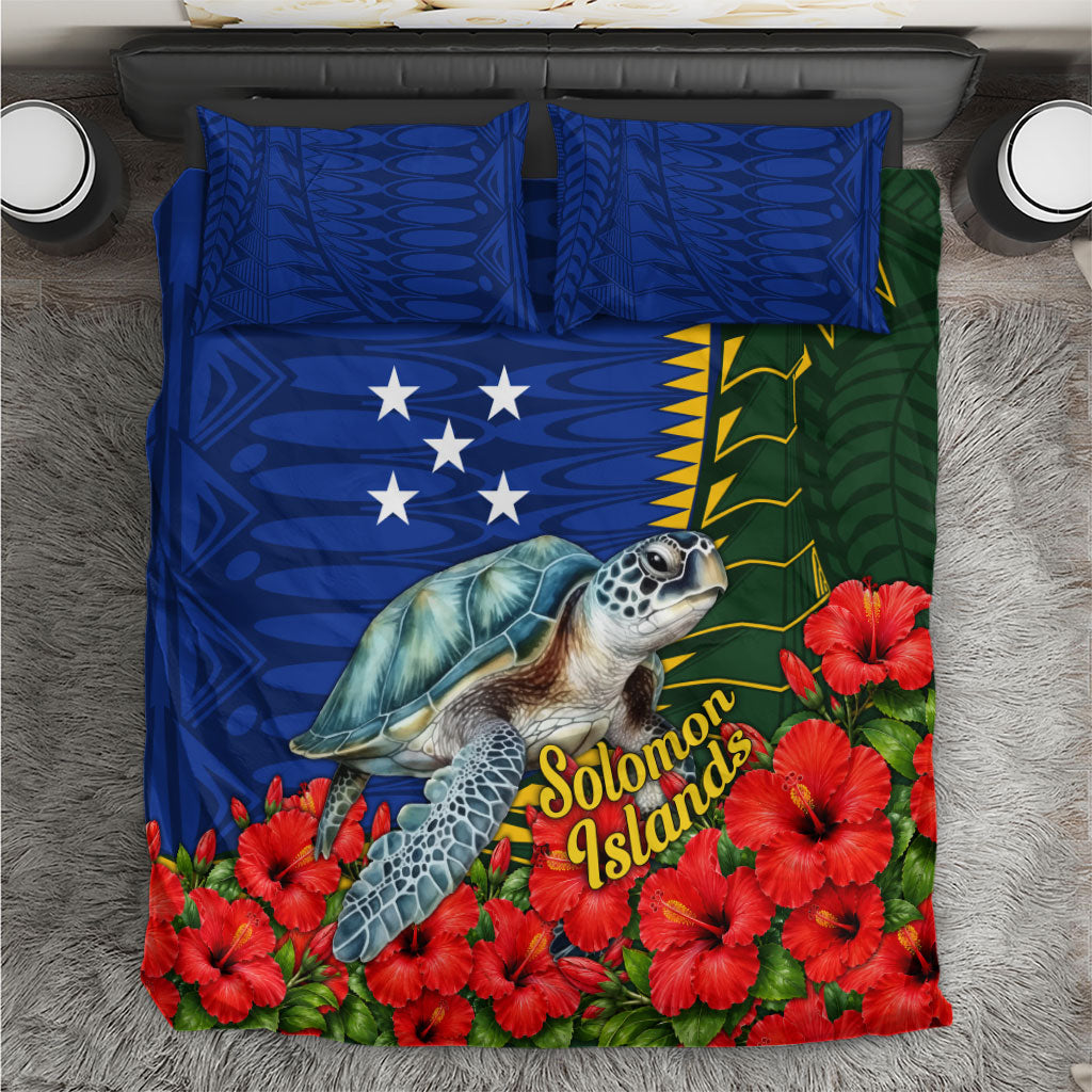 Solomon Islands Sea Turtle Bedding Set Patriotic Flag Coat Of Arms Tribal Hibiscus TS04 Blue Green - Polynesian Pride