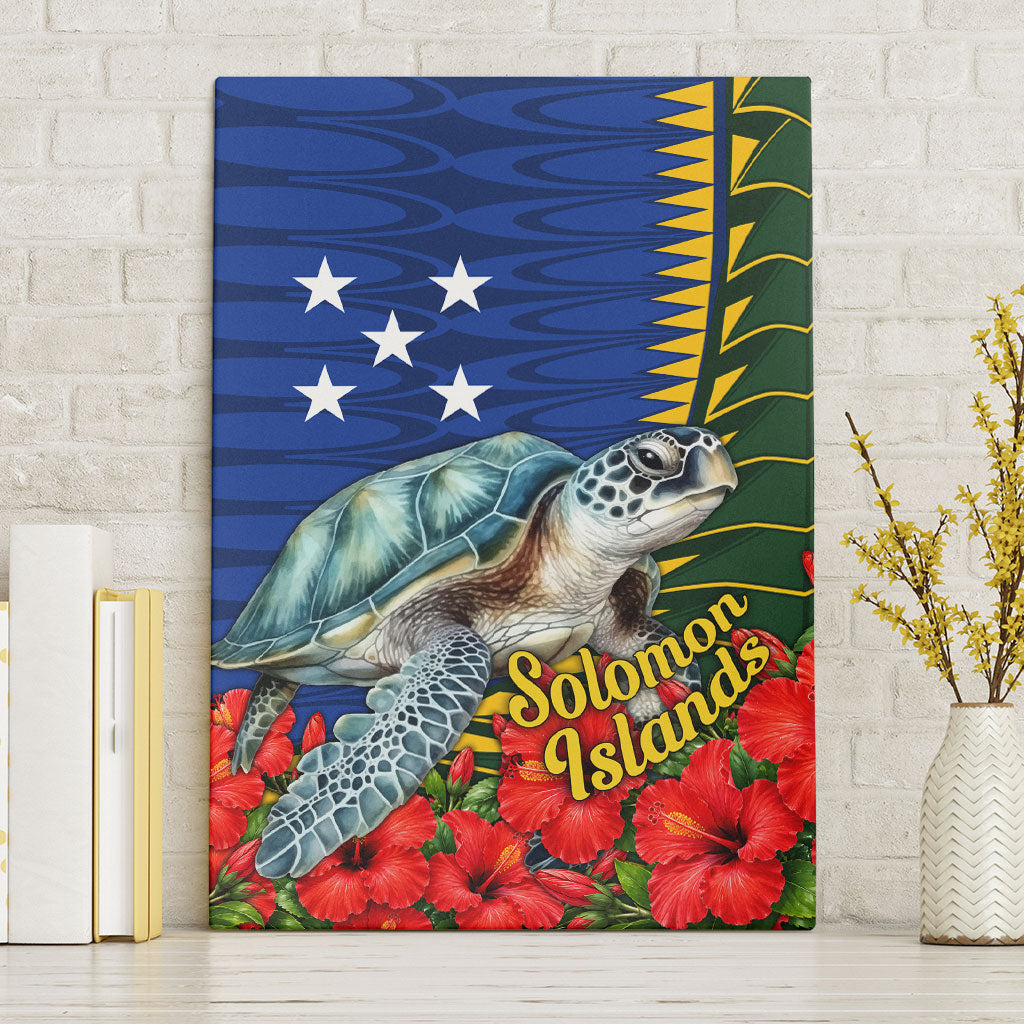 Solomon Islands Sea Turtle Canvas Wall Art Patriotic Flag Coat Of Arms Tribal Hibiscus TS04 Without Frame Blue Green - Polynesian Pride