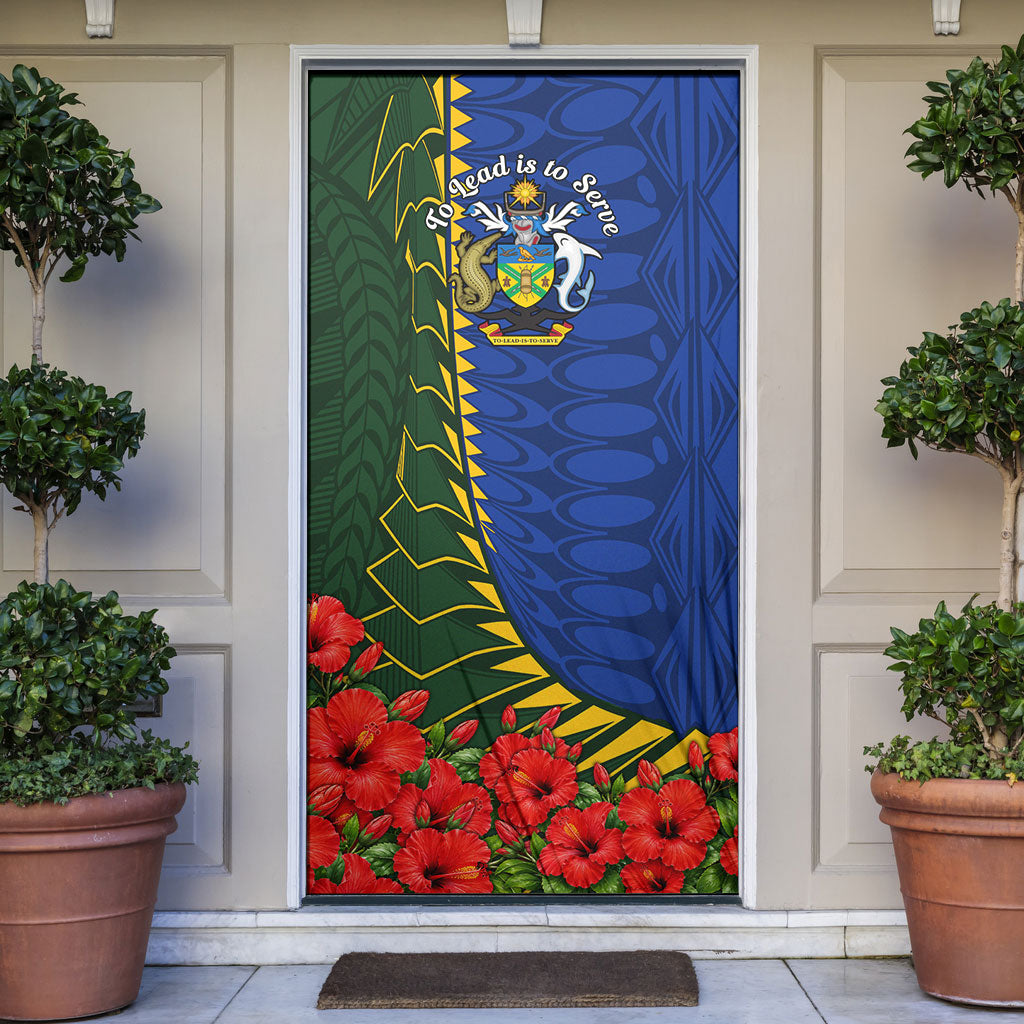Solomon Islands Sea Turtle Door Cover Patriotic Flag Coat Of Arms Tribal Hibiscus TS04 Blue Green - Polynesian Pride