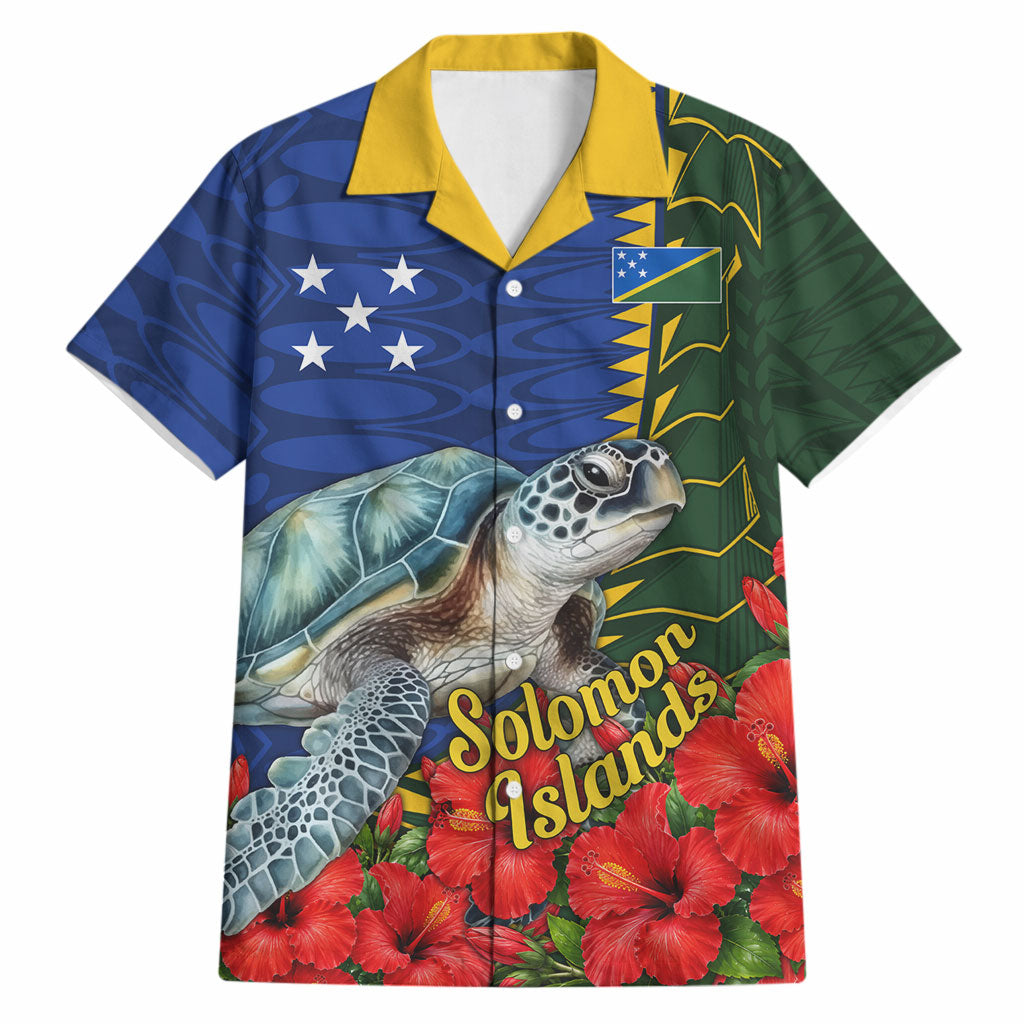 Solomon Islands Sea Turtle Hawaiian Shirt Patriotic Flag Coat Of Arms Tribal Hibiscus TS04 Blue Green - Polynesian Pride