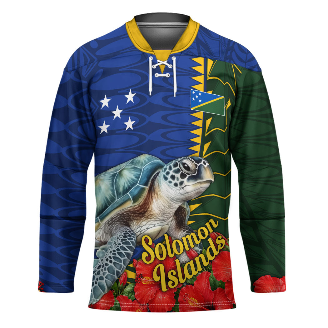 Solomon Islands Sea Turtle Hockey Jersey Patriotic Flag Coat Of Arms Tribal Hibiscus TS04 Unisex Blue Green - Polynesian Pride
