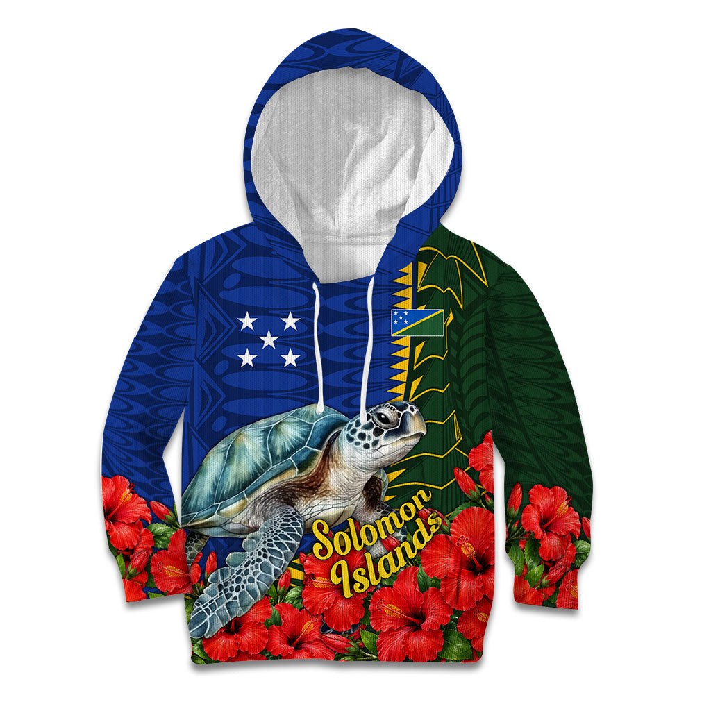 Solomon Islands Sea Turtle Kid Hoodie Patriotic Flag Coat Of Arms Tribal Hibiscus TS04 Hoodie Blue Green - Polynesian Pride