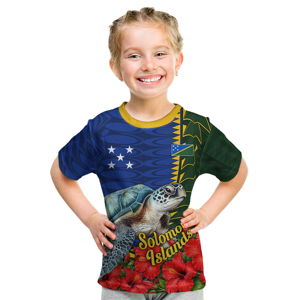 Solomon Islands Sea Turtle Kid T Shirt Patriotic Flag Coat Of Arms Tribal Hibiscus TS04 Blue Green - Polynesian Pride
