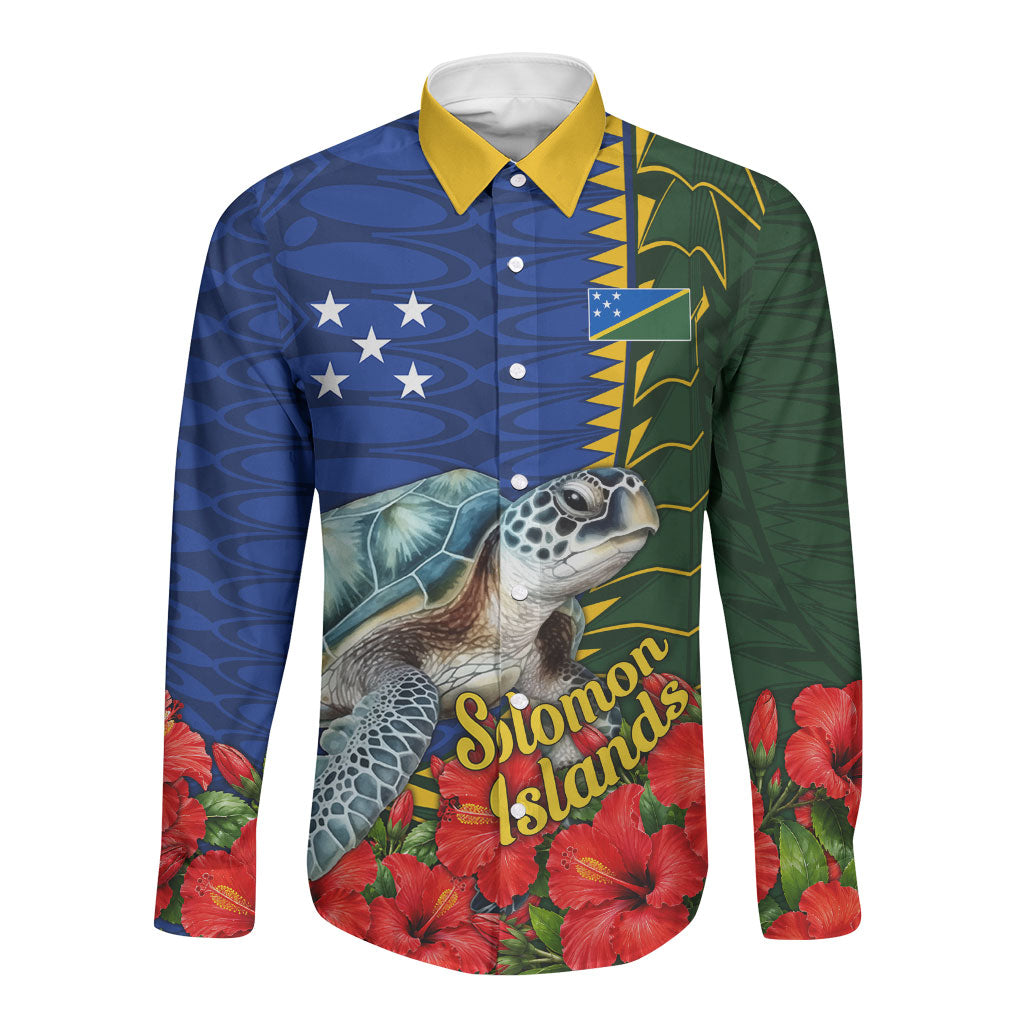 Solomon Islands Sea Turtle Long Sleeve Button Shirt Patriotic Flag Coat Of Arms Tribal Hibiscus TS04 Unisex Blue Green - Polynesian Pride