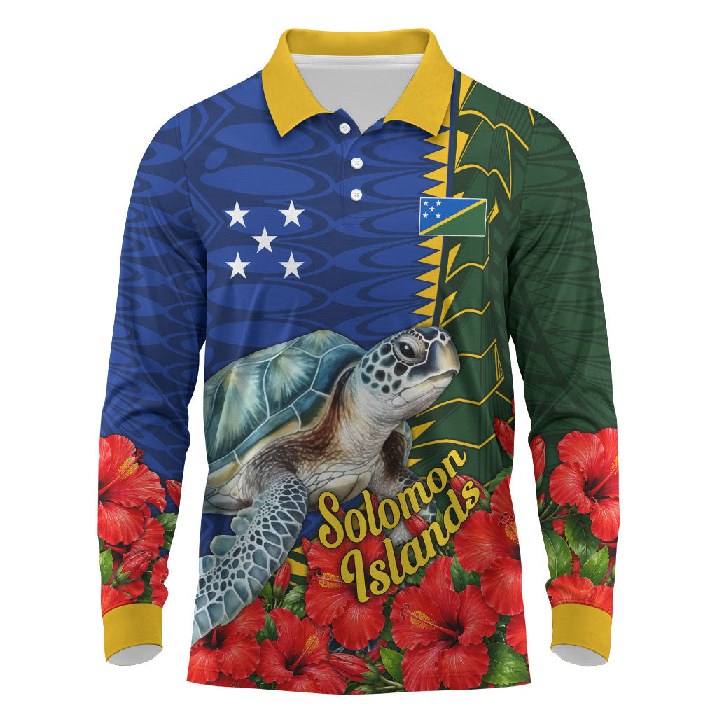 Solomon Islands Sea Turtle Long Sleeve Polo Shirt Patriotic Flag Coat Of Arms Tribal Hibiscus TS04 Blue Green - Polynesian Pride