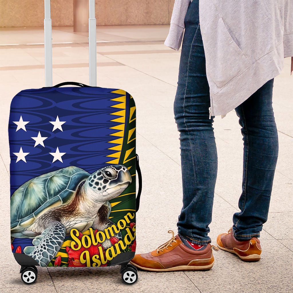 Solomon Islands Sea Turtle Luggage Cover Patriotic Flag Coat Of Arms Tribal Hibiscus TS04 Blue Green - Polynesian Pride