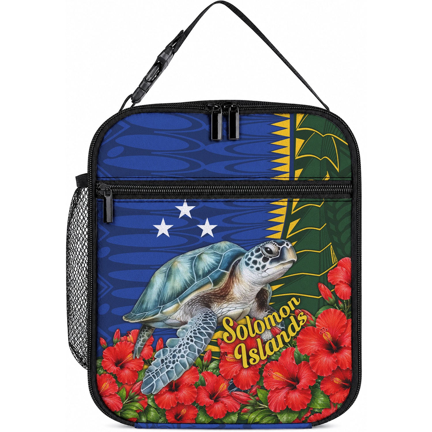 Solomon Islands Sea Turtle Lunch Bag Patriotic Flag Coat Of Arms Tribal Hibiscus TS04 10.2 × 8.3 × 4.3 inch Blue Green - Polynesian Pride
