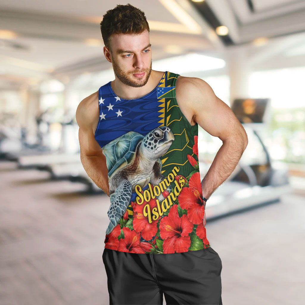 Solomon Islands Sea Turtle Men Tank Top Patriotic Flag Coat Of Arms Tribal Hibiscus TS04 Blue Green - Polynesian Pride