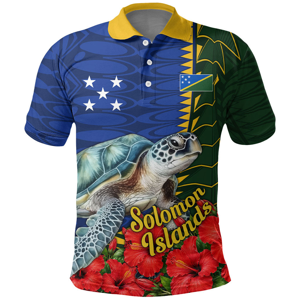 Solomon Islands Sea Turtle Polo Shirt Patriotic Flag Coat Of Arms Tribal Hibiscus TS04 Blue Green - Polynesian Pride