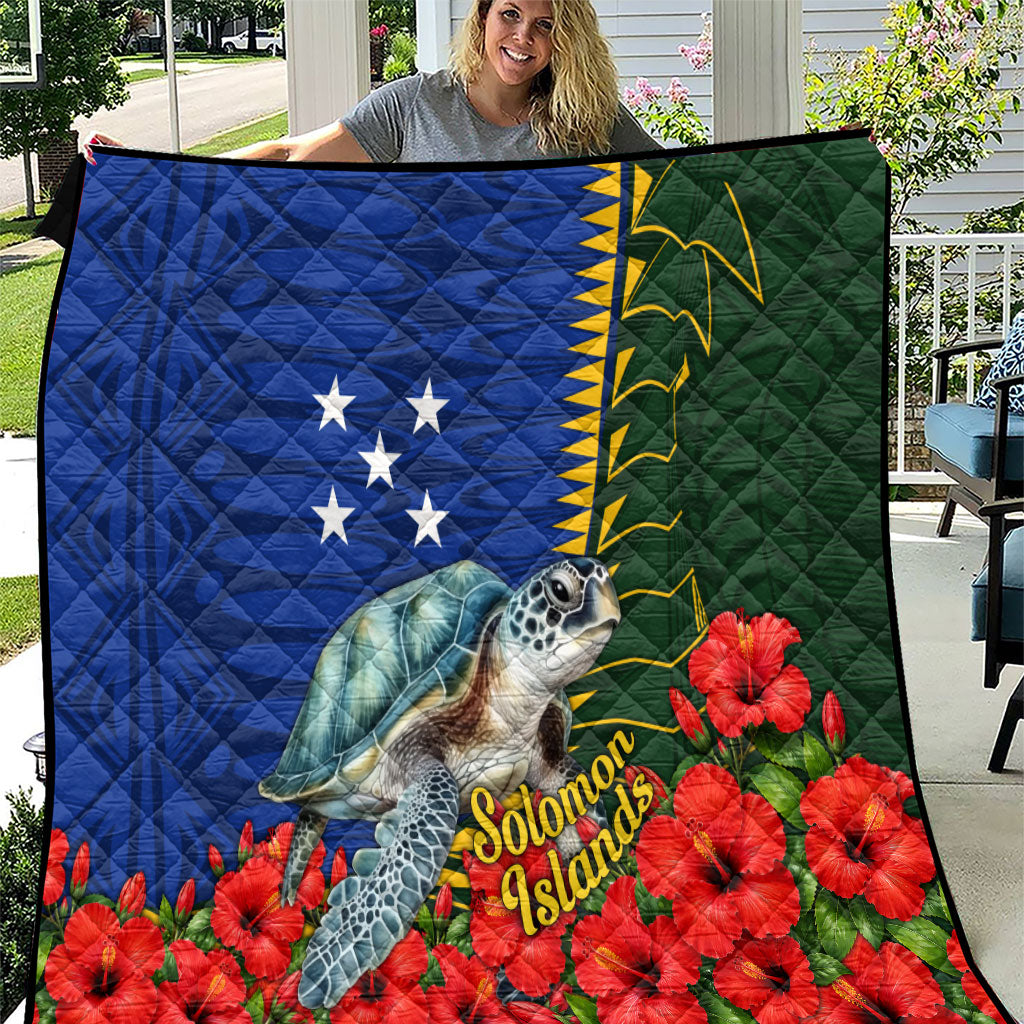 Solomon Islands Sea Turtle Quilt Patriotic Flag Coat Of Arms Tribal Hibiscus TS04 Blue Green - Polynesian Pride