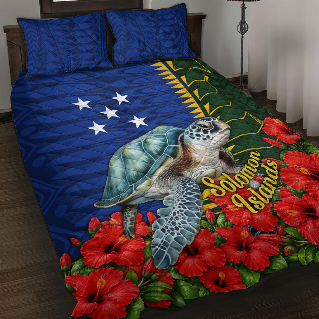 Solomon Islands Sea Turtle Quilt Bed Set Patriotic Flag Coat Of Arms Tribal Hibiscus TS04 Blue Green - Polynesian Pride