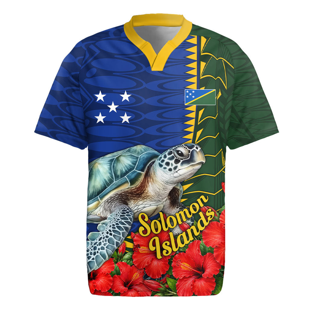 Solomon Islands Sea Turtle Rugby Jersey Patriotic Flag Coat Of Arms Tribal Hibiscus TS04 Blue Green - Polynesian Pride