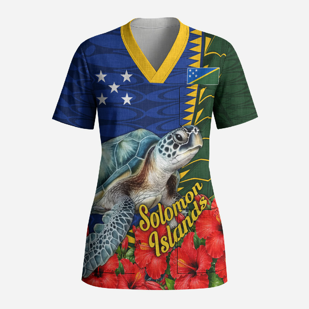 Solomon Islands Sea Turtle Scrub Top Patriotic Flag Coat Of Arms Tribal Hibiscus TS04 Adult Blue Green - Polynesian Pride