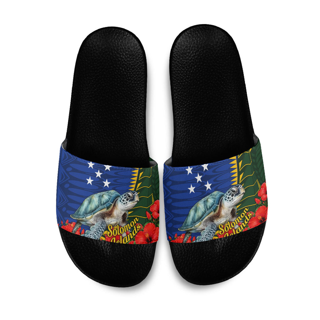 Solomon Islands Sea Turtle Slide Sandals Patriotic Flag Coat Of Arms Tribal Hibiscus TS04 Blue Green - Polynesian Pride