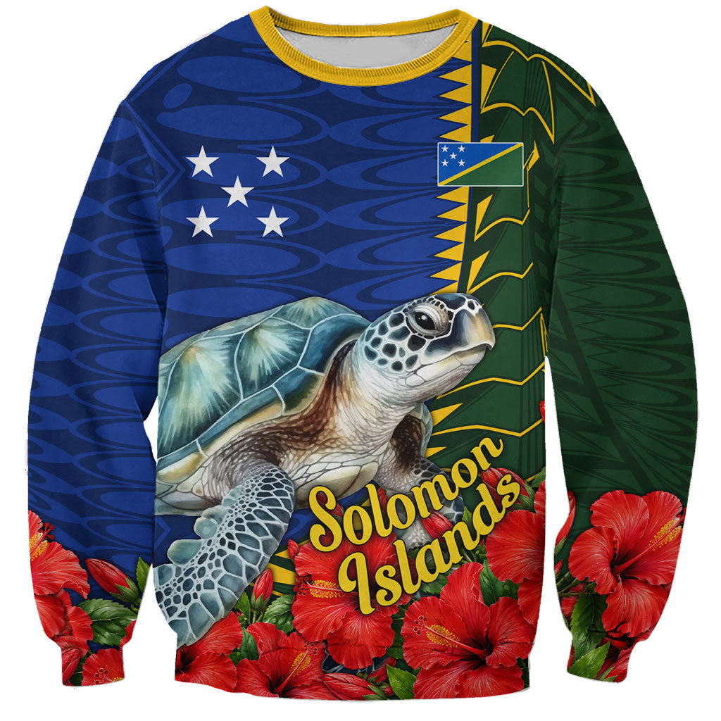 Solomon Islands Sea Turtle Sweatshirt Patriotic Flag Coat Of Arms Tribal Hibiscus TS04 Unisex Blue Green - Polynesian Pride