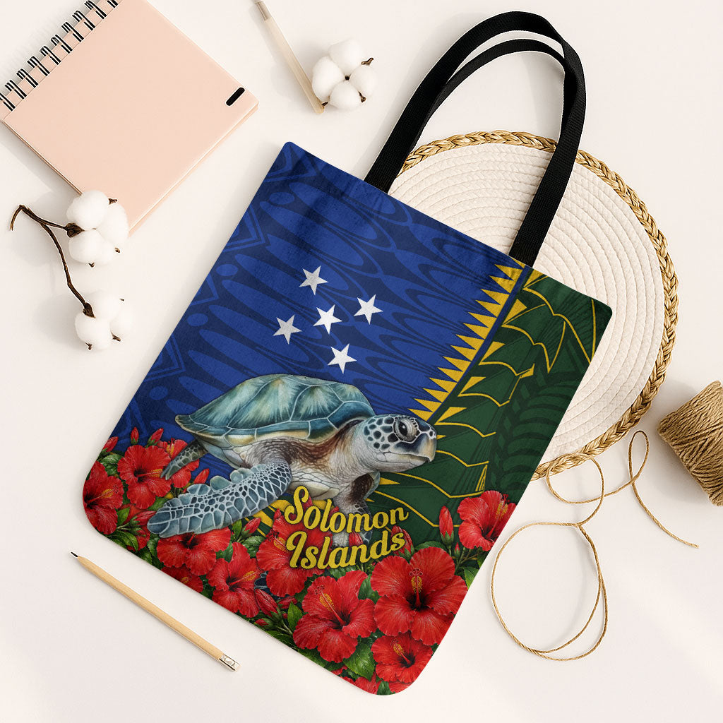 Solomon Islands Sea Turtle Tote Bag Patriotic Flag Coat Of Arms Tribal Hibiscus TS04 Black Strap One Size Blue Green - Polynesian Pride