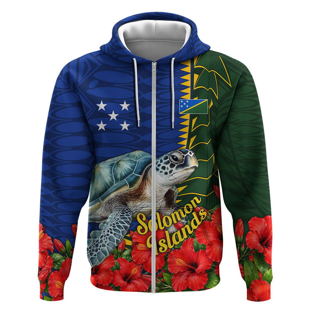 Solomon Islands Sea Turtle Zip Hoodie Patriotic Flag Coat Of Arms Tribal Hibiscus TS04 Zip Hoodie Blue Green - Polynesian Pride