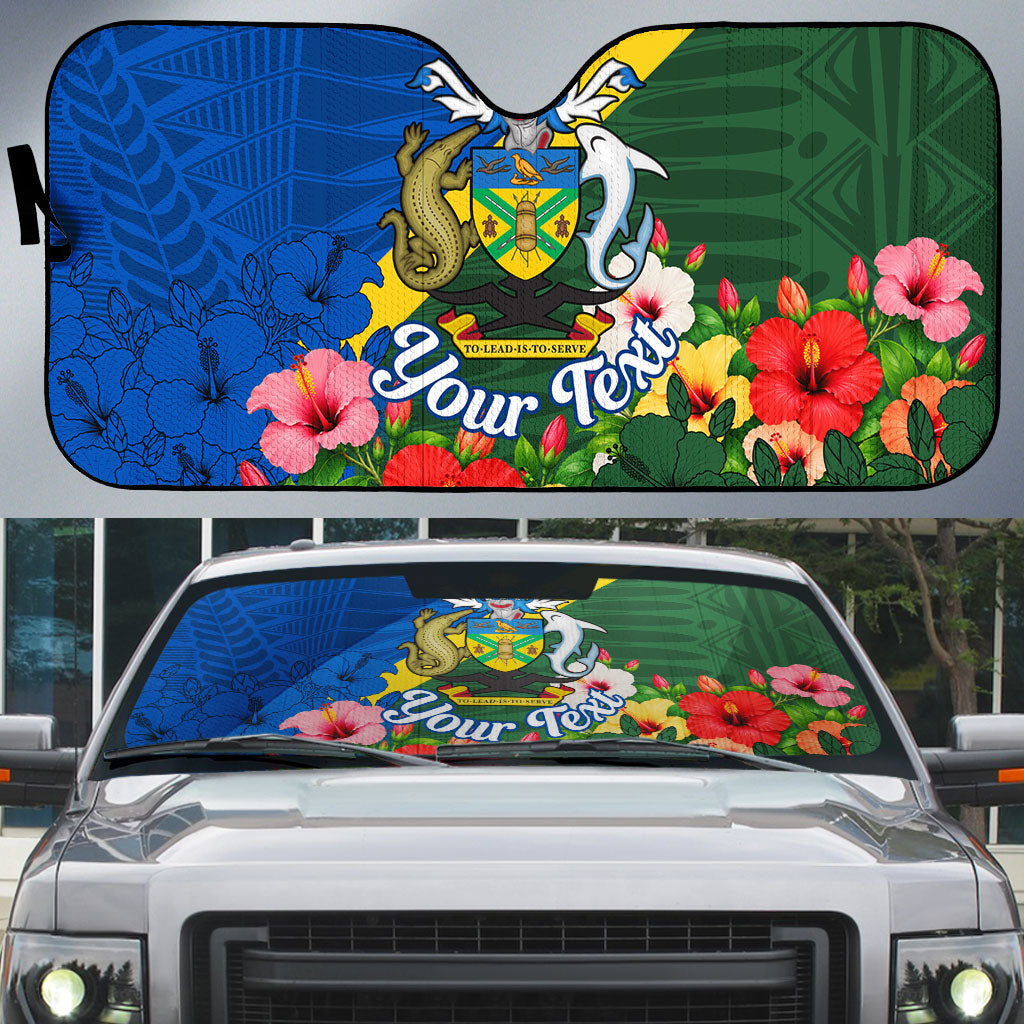 Personalized Solomon Islands Coat Of Arms Auto Sun Shade Patriotic Flag Shark Crocodile Tropical Floral TS04 Blue Green - Polynesian Pride