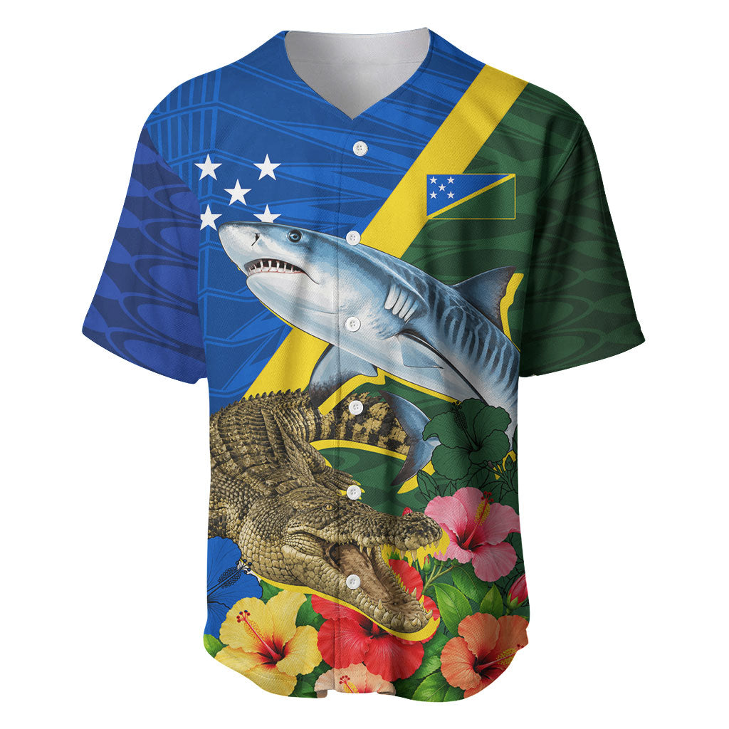 Personalized Solomon Islands Coat Of Arms Baseball Jersey Patriotic Flag Shark Crocodile Tropical Floral TS04 Blue Green - Polynesian Pride