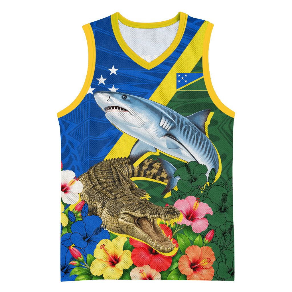 Personalized Solomon Islands Coat Of Arms Basketball Jersey Patriotic Flag Shark Crocodile Tropical Floral TS04 Unisex Blue Green - Polynesian Pride