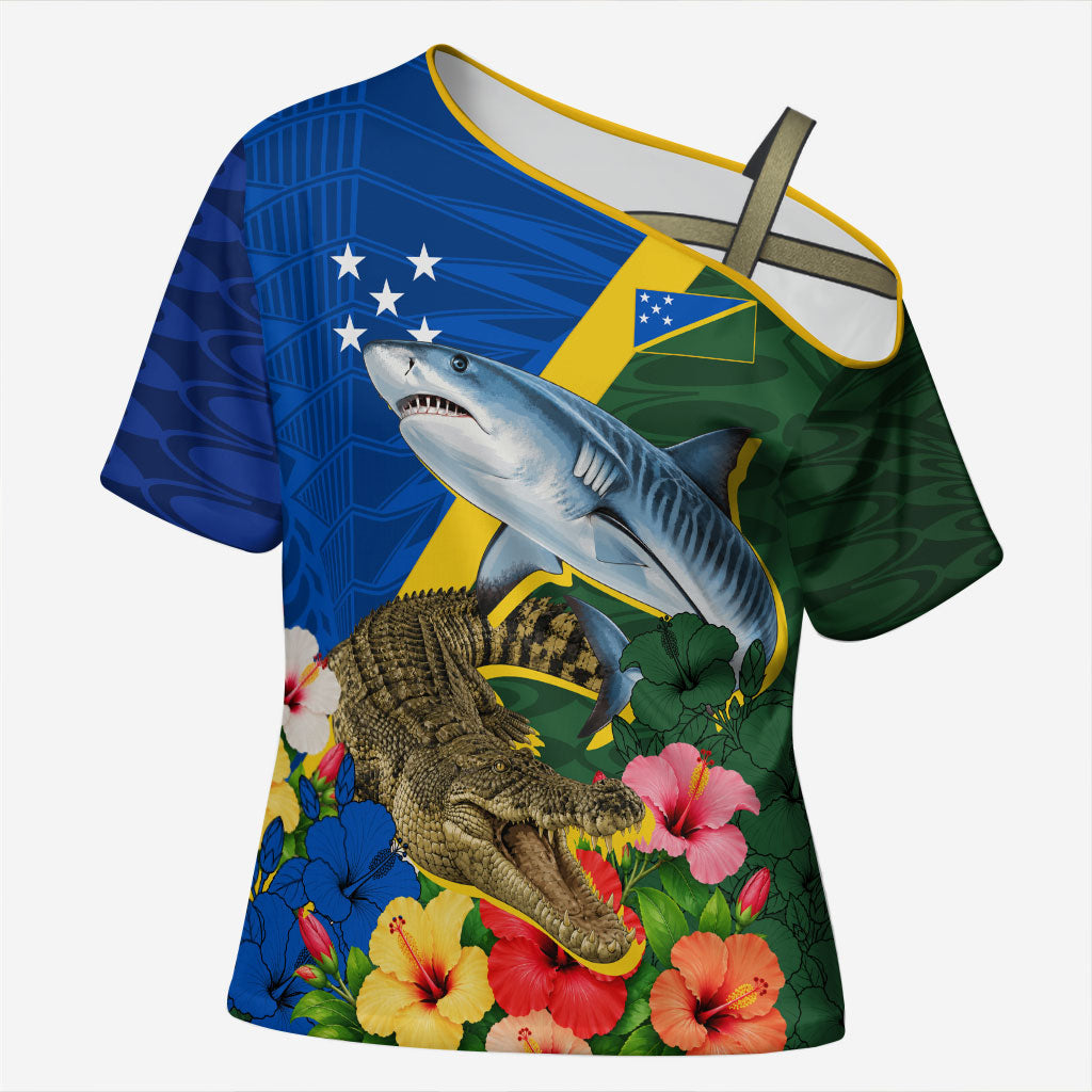 Personalized Solomon Islands Coat Of Arms Cross Shoulder Shirt Patriotic Flag Shark Crocodile Tropical Floral TS04 Female Blue Green - Polynesian Pride