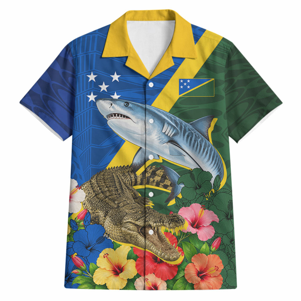 Personalized Solomon Islands Coat Of Arms Hawaiian Shirt Patriotic Flag Shark Crocodile Tropical Floral TS04 Blue Green - Polynesian Pride