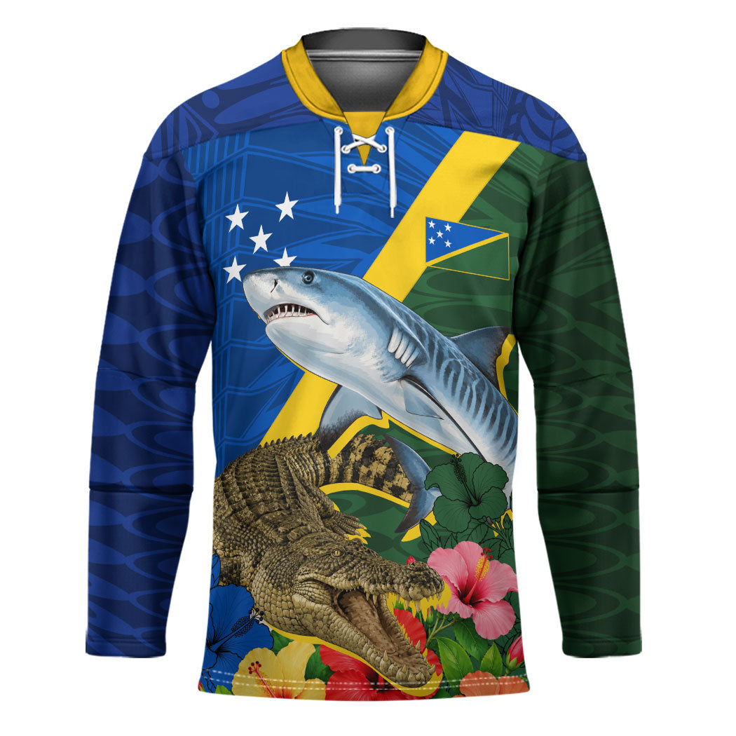 Personalized Solomon Islands Coat Of Arms Hockey Jersey Patriotic Flag Shark Crocodile Tropical Floral TS04 Unisex Blue Green - Polynesian Pride