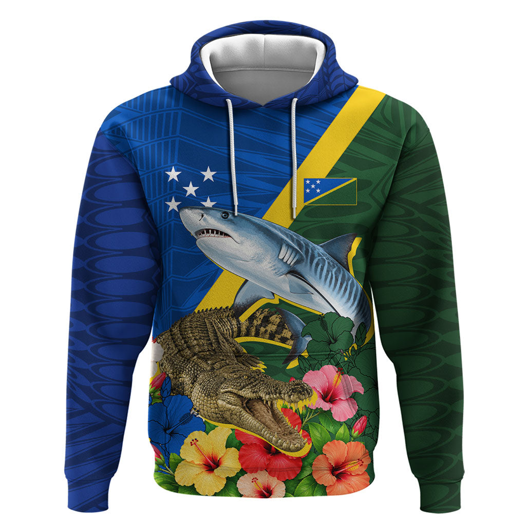 Personalized Solomon Islands Coat Of Arms Hoodie Patriotic Flag Shark Crocodile Tropical Floral TS04 Pullover Hoodie Blue Green - Polynesian Pride