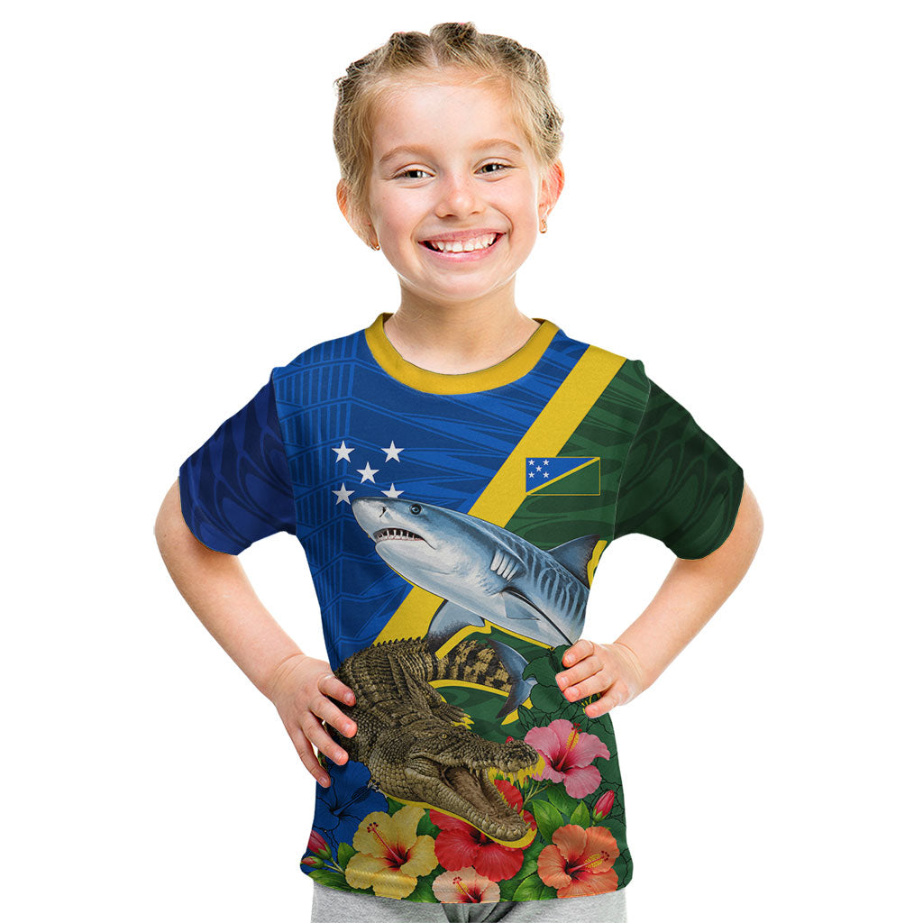 Personalized Solomon Islands Coat Of Arms Kid T Shirt Patriotic Flag Shark Crocodile Tropical Floral TS04 Blue Green - Polynesian Pride