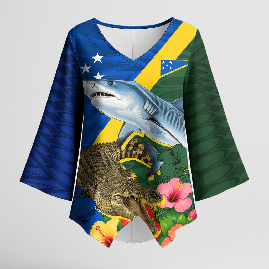 Personalized Solomon Islands Coat Of Arms Kimono Sleeve Blouse Patriotic Flag Shark Crocodile Tropical Floral TS04 Female Blue Green - Polynesian Pride
