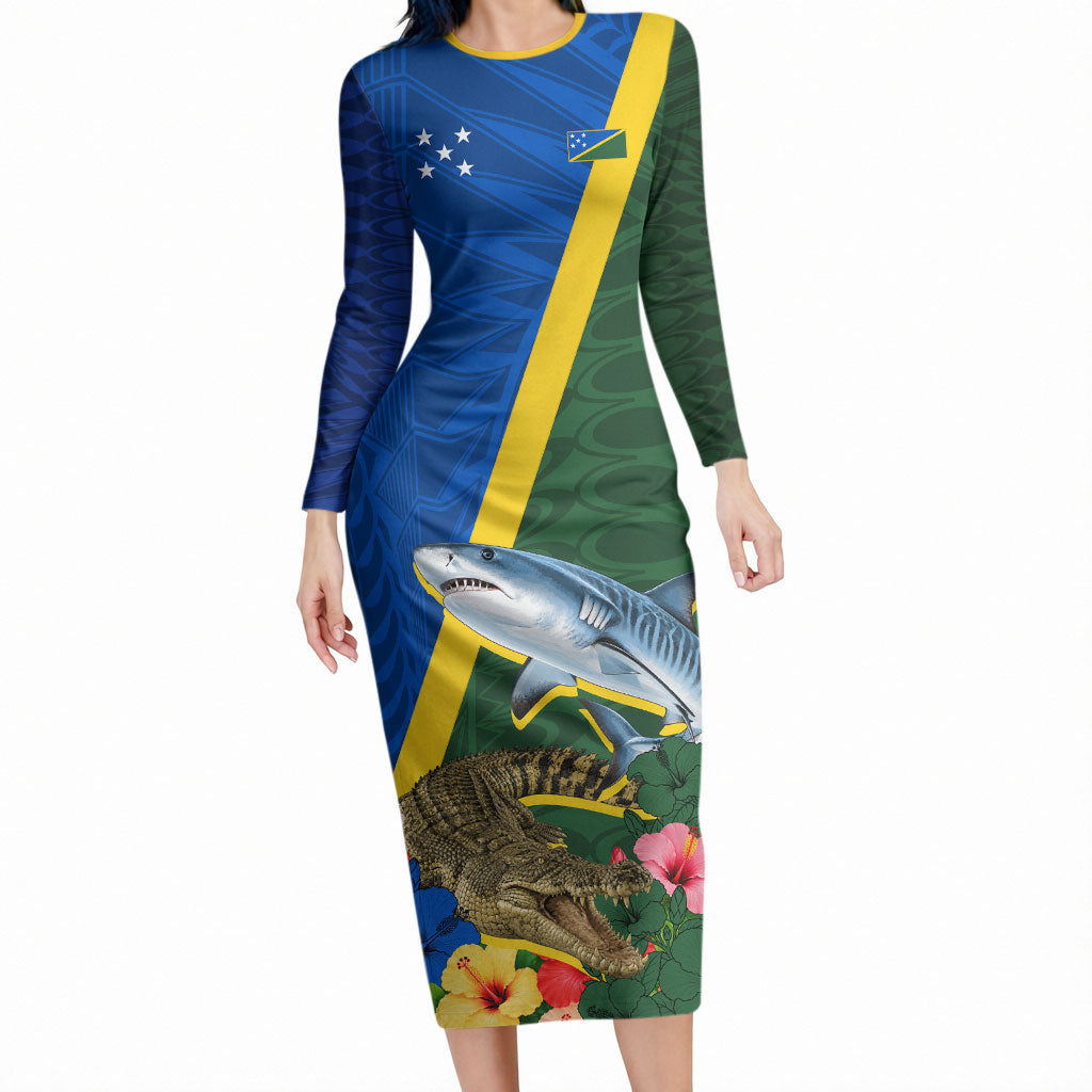 Personalized Solomon Islands Coat Of Arms Long Sleeve Bodycon Dress Patriotic Flag Shark Crocodile Tropical Floral TS04 Long Dress Blue Green - Polynesian Pride