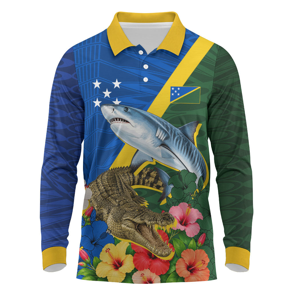 Personalized Solomon Islands Coat Of Arms Long Sleeve Polo Shirt Patriotic Flag Shark Crocodile Tropical Floral TS04 Blue Green - Polynesian Pride