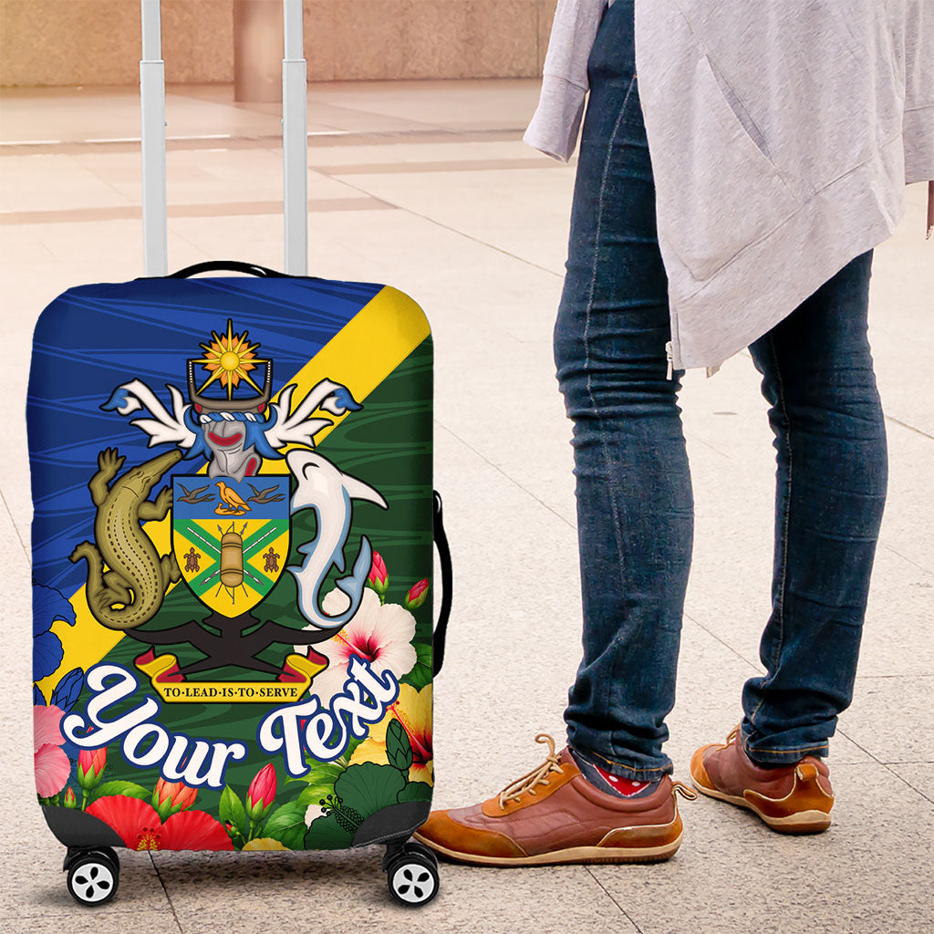 Personalized Solomon Islands Coat Of Arms Luggage Cover Patriotic Flag Shark Crocodile Tropical Floral TS04 Blue Green - Polynesian Pride