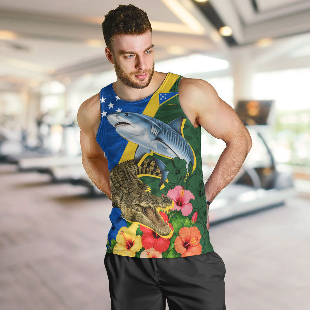 Personalized Solomon Islands Coat Of Arms Men Tank Top Patriotic Flag Shark Crocodile Tropical Floral TS04 Blue Green - Polynesian Pride