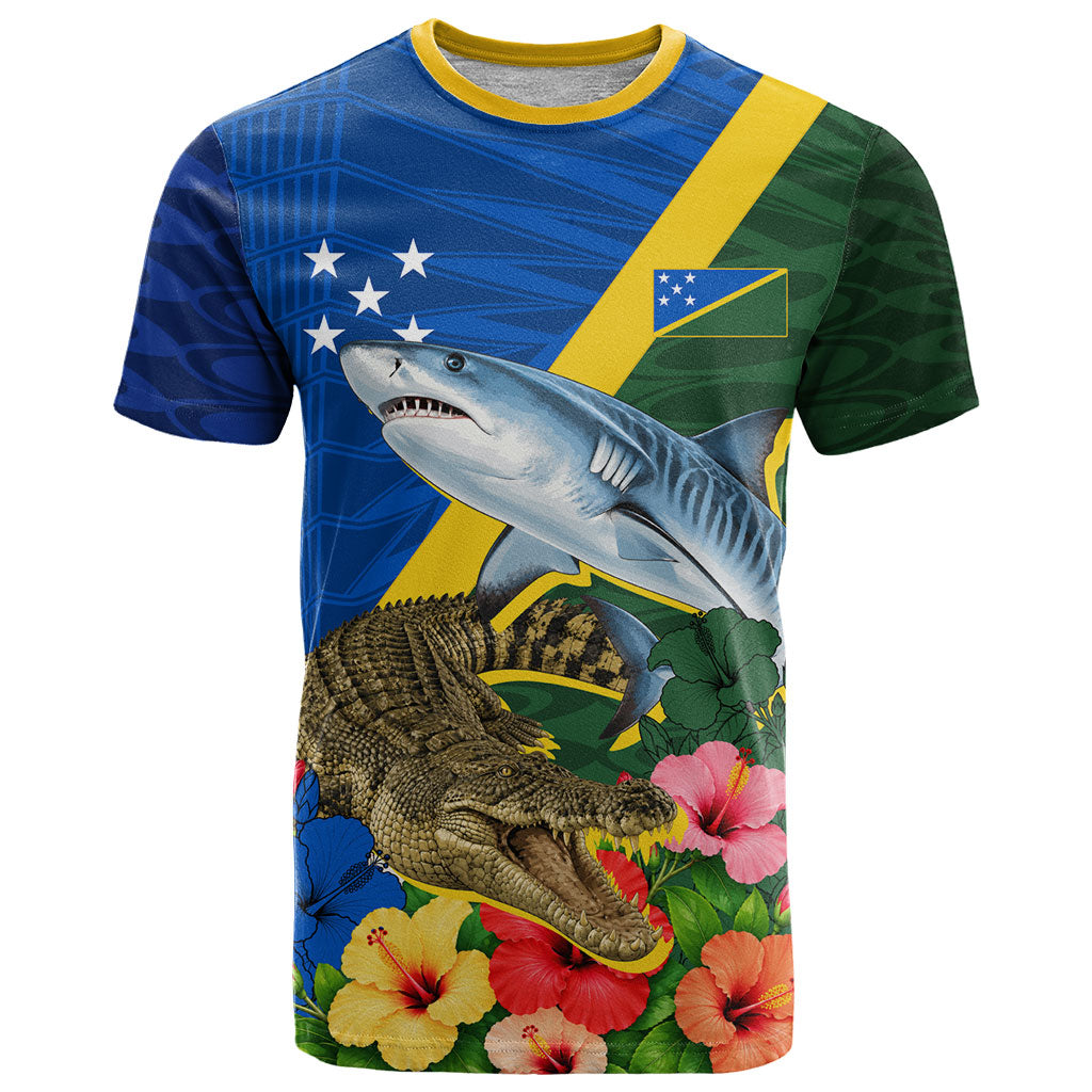 Personalized Solomon Islands Coat Of Arms T Shirt Patriotic Flag Shark Crocodile Tropical Floral TS04 Blue Green - Polynesian Pride